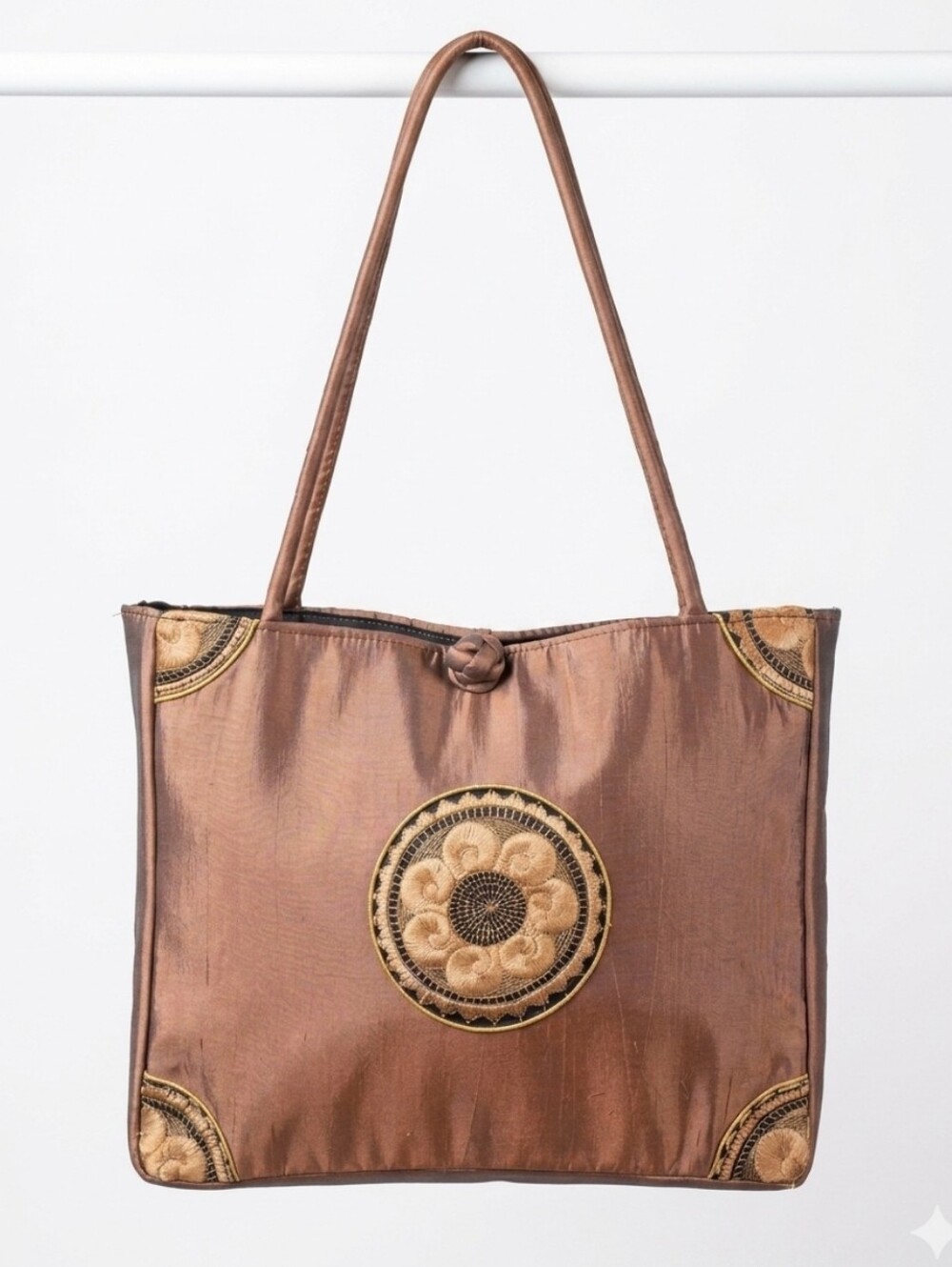 Boho Chic - Bronze Satiny Tote | Embroidered Medallion | Vintage